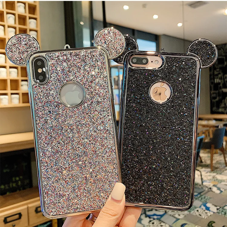 

For iPhone 11 Pro Max X Xs 8 Luxury Paillette Glitter Sparkly Minnie Mickey Mouse Ear Case, Colorful