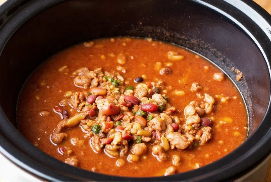 Slow cooker filled with rich, steaming turkey chili showing ground turkey, beans, and vegetables in a deep red broth
