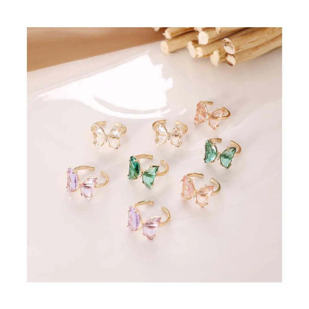 

New Creative Green White Purple Pink Color Glass Butterfly Open Rings Resizable Adjustable Clear Crystal Butterfly Rings, Picture shows