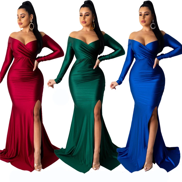 

Women's Fashion Sexy V-neck Long Sleeve Split Pure Color Evening Gown Dress Women Dress Prom Dress, Customized color