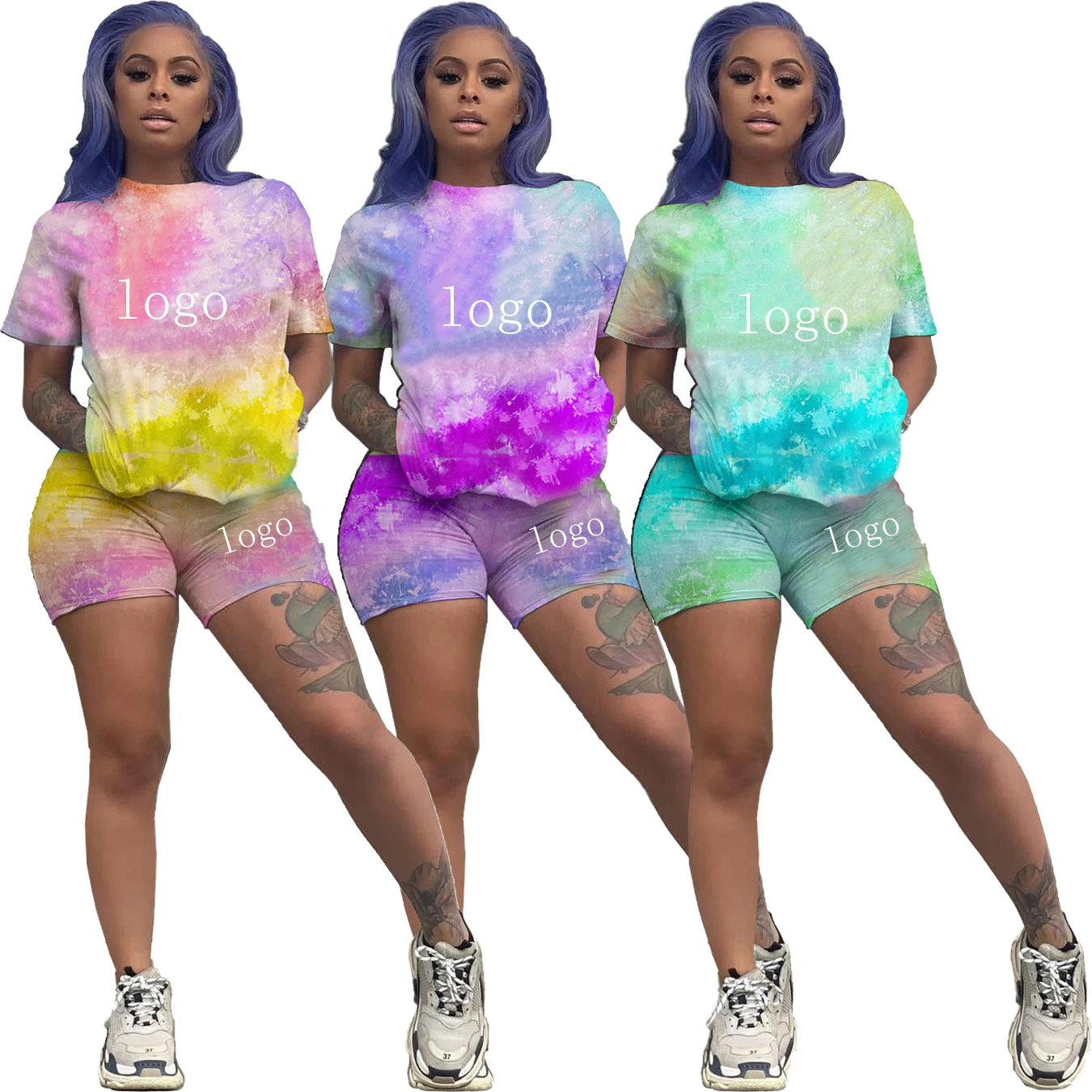 

Dropship Rainbow tie die print hoodie two piece outfit two piece pants set