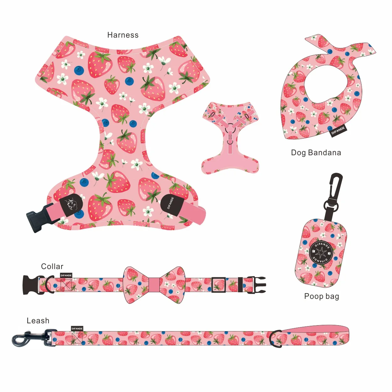 

Top Seller Design 2 in 1 Reversible Dog Harness Polyester Custom Collar Bow Leash Harness And Bandana Dog Harness Set, Strawberry print