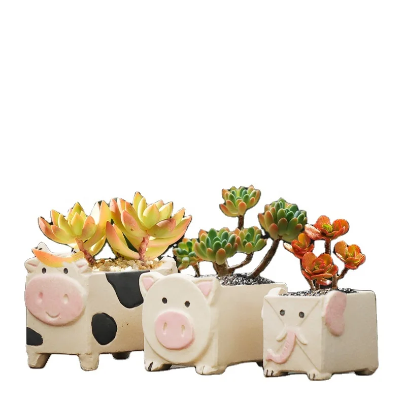 

Cute cartoon succulent flower pot zakka hand painted succulent pots pig cat rabbit animal ceramic flower pot