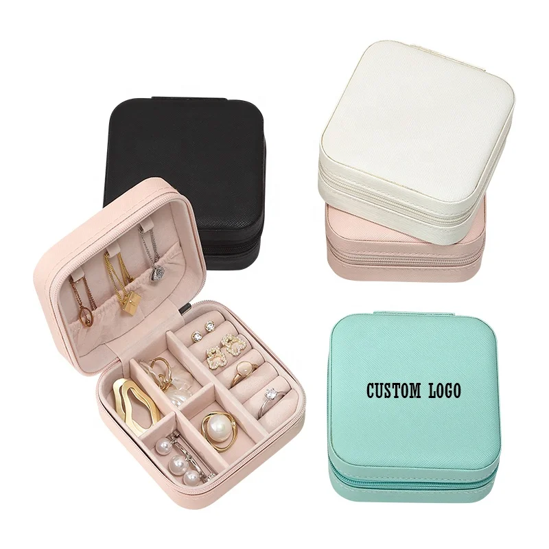 

Wholesale Custom Logo Pu Leather Small Square Jewelry Box Travel Jewellery Organizer Necklace Ring Earring Storage Gift Case, Black, white, nude pink,blue