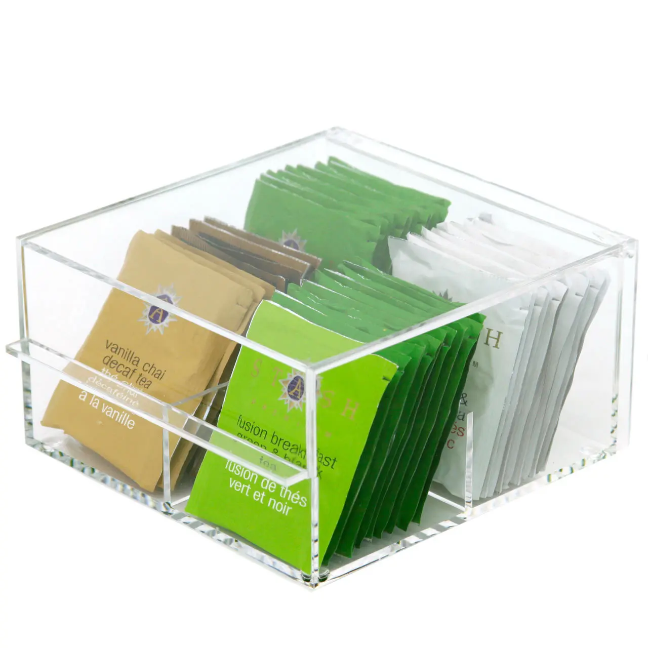 Transparent Clear Acrylic Tea Bag Holder Plexiglass Tea Box Organizer With Compartments