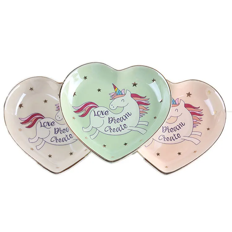 

HY Jewelry Accessories Small Heart Shape Unicorn Ceramic Plate Candy Dish Porcelain Saucer Jewelry Ring Decorative Tray Jewelry