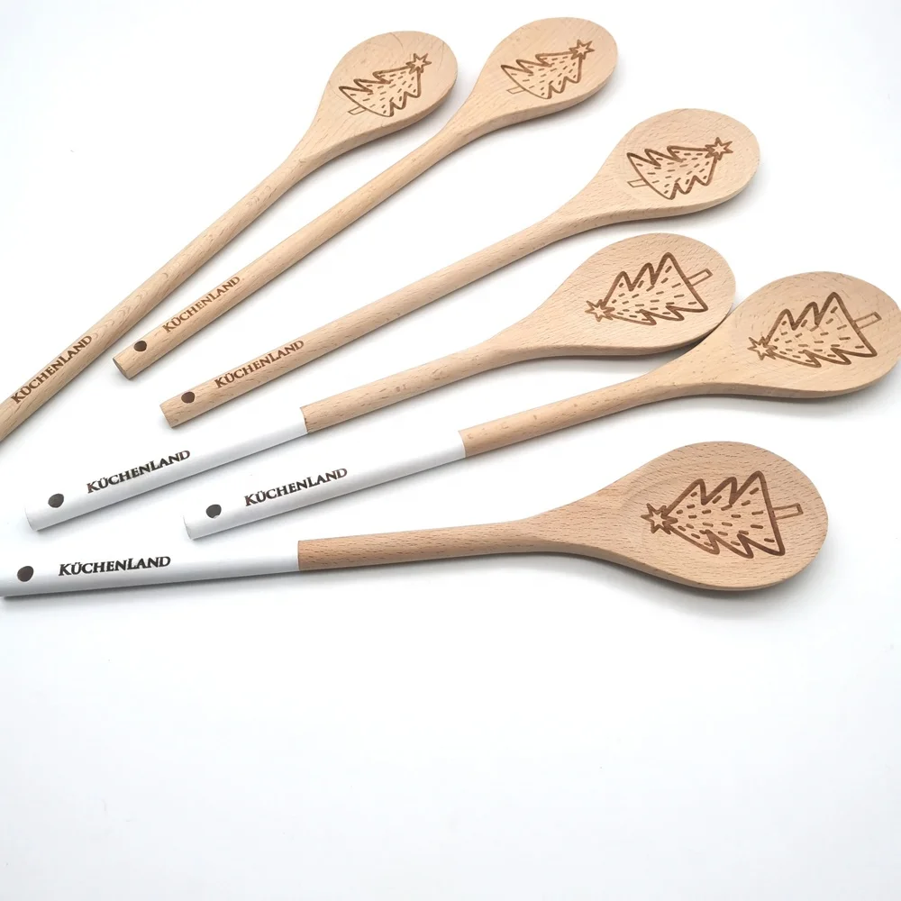 

long handle Christmas tree beech wood cooking spoon, Natural