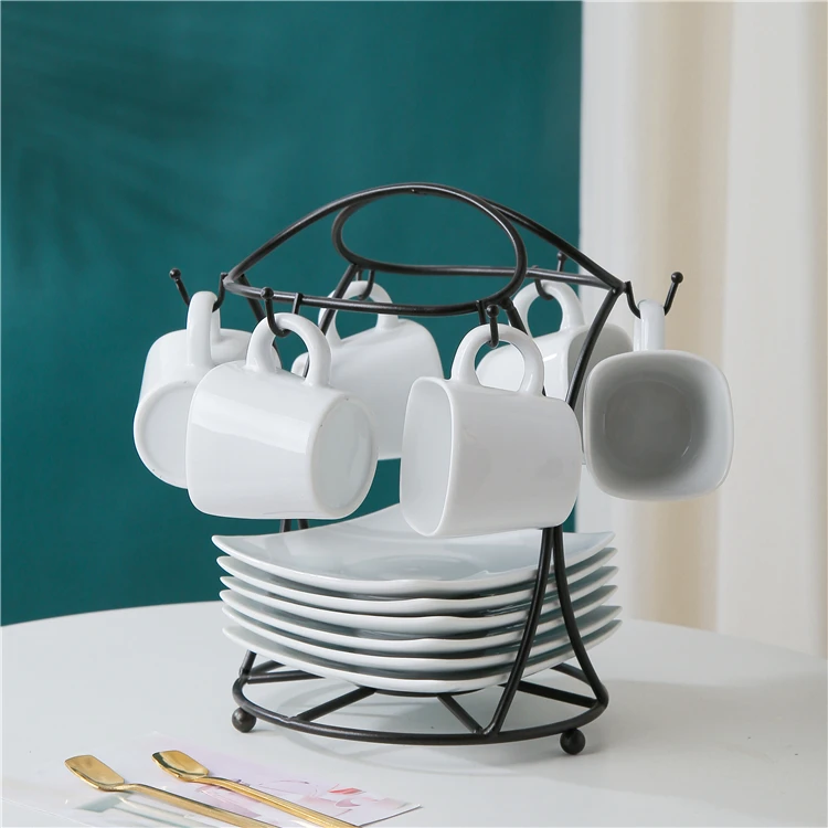 

European style white afternoon coffee cups porcelain tea cup sets with iron stand, White color