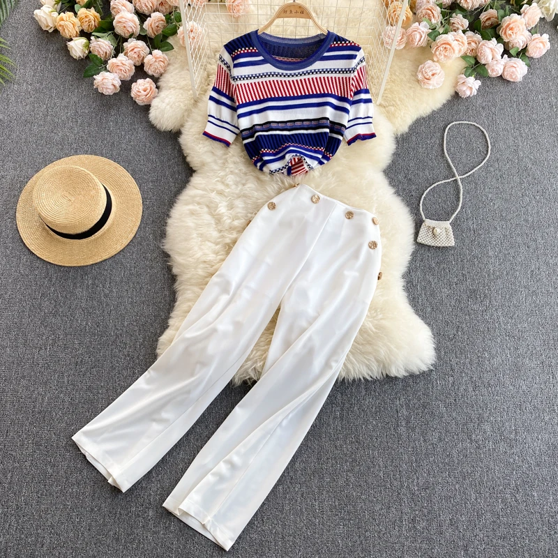 

Lady Elegant Outfit Women's Summer Wear Short-Sleeved Knitted Shirt High Waist Wide Leg Pants Stylish Two-Piece Pants Set