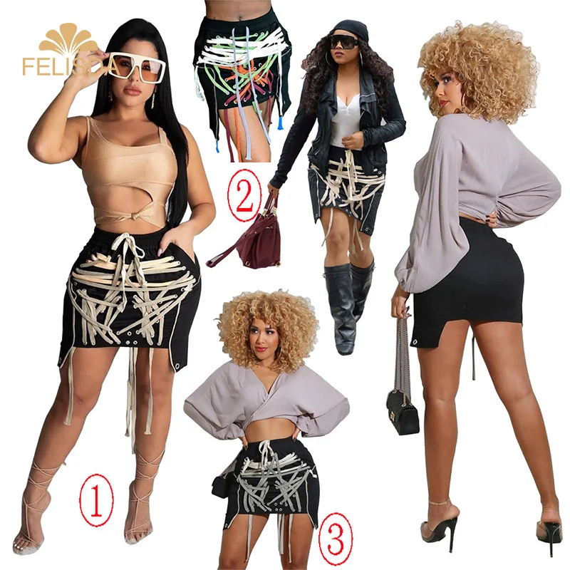 

Super Fashion Ribbons Lace Up Mini Girls' Skirts Top Quality Slim Bandage Short Pencil Women's Skirts