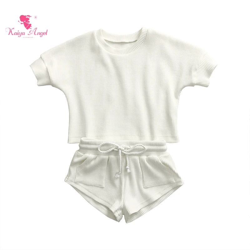 

New design high quality baby clothing white striped cotton o-neck pockets baby unisex set