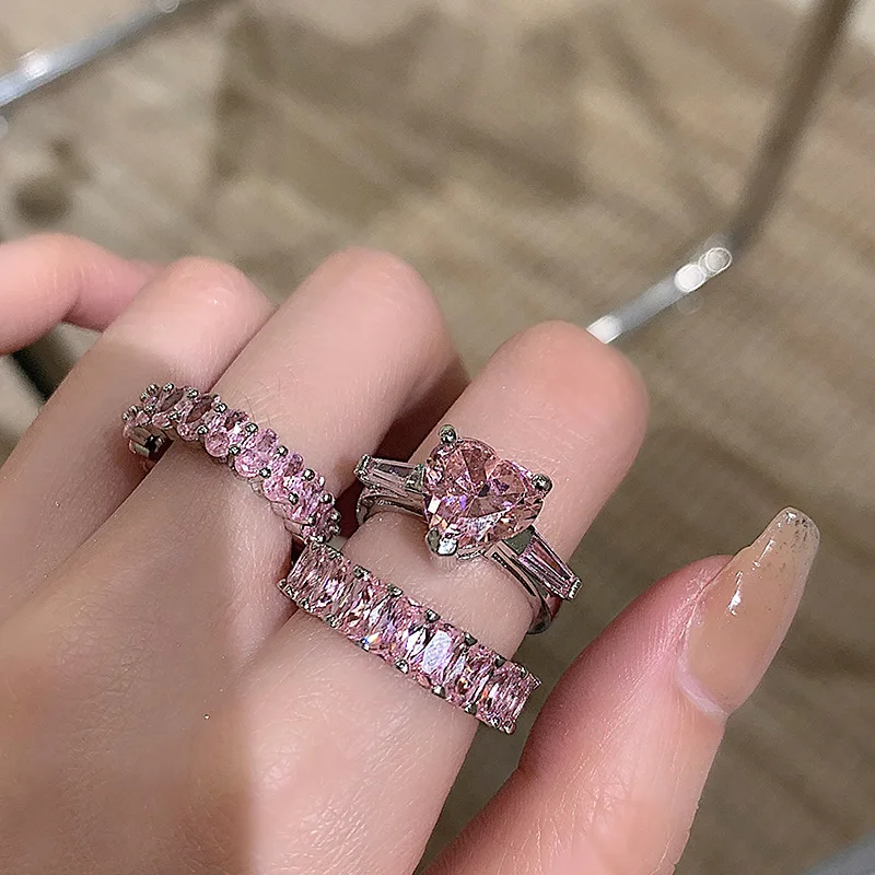 

Song Yanfei Same Pink Love Ring Heart-Shaped Full Of Diamonds Zircon Sweet Lady Princess Open Ring Index Finger Ring