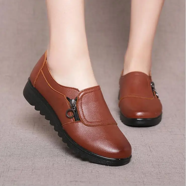 

2021 Fashion Soft Leather Women Casual Flats Ladies Side Zipper Flat Oxford Shoes New Mother single Shoes, As pic