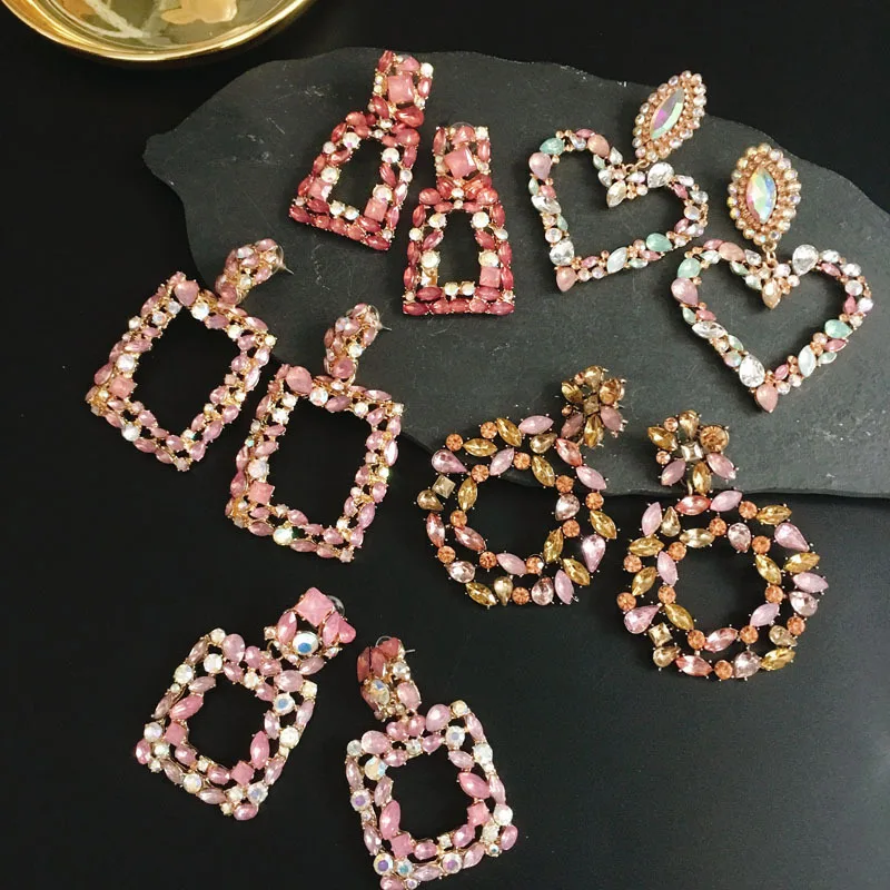 

New arrivals woman tops fashionable jewelry luxury crystal big geometric earrings pink diamond statement earrings, Golden