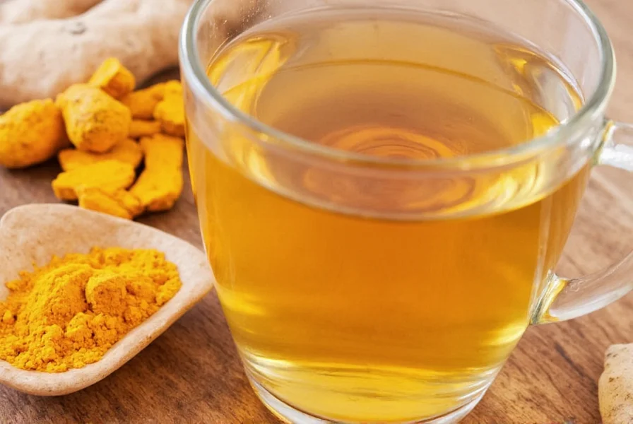 Golden turmeric ginger tea in a ceramic mug with fresh ingredients