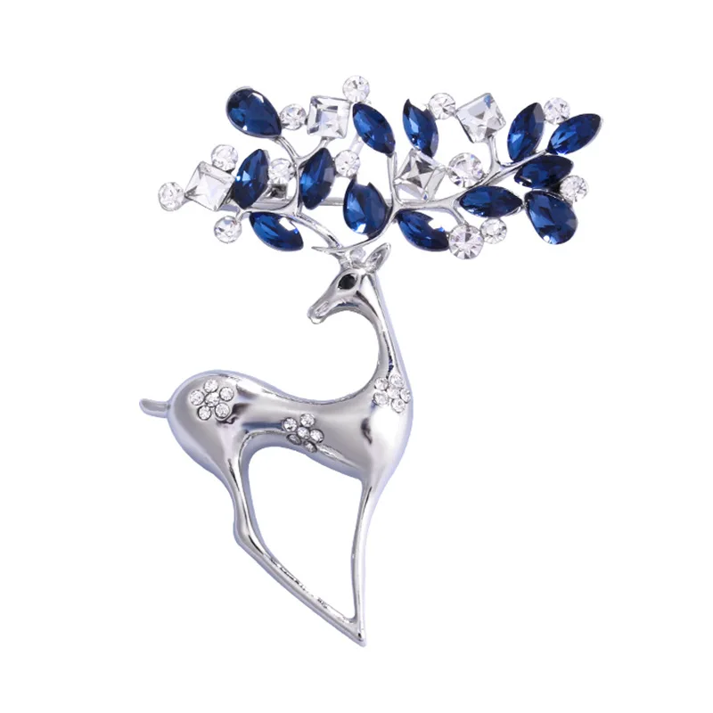 

Exquisite Design Deer Silvertone Plating With Sapphire Blue Marquise Crystal Brooch for Christmas Gift