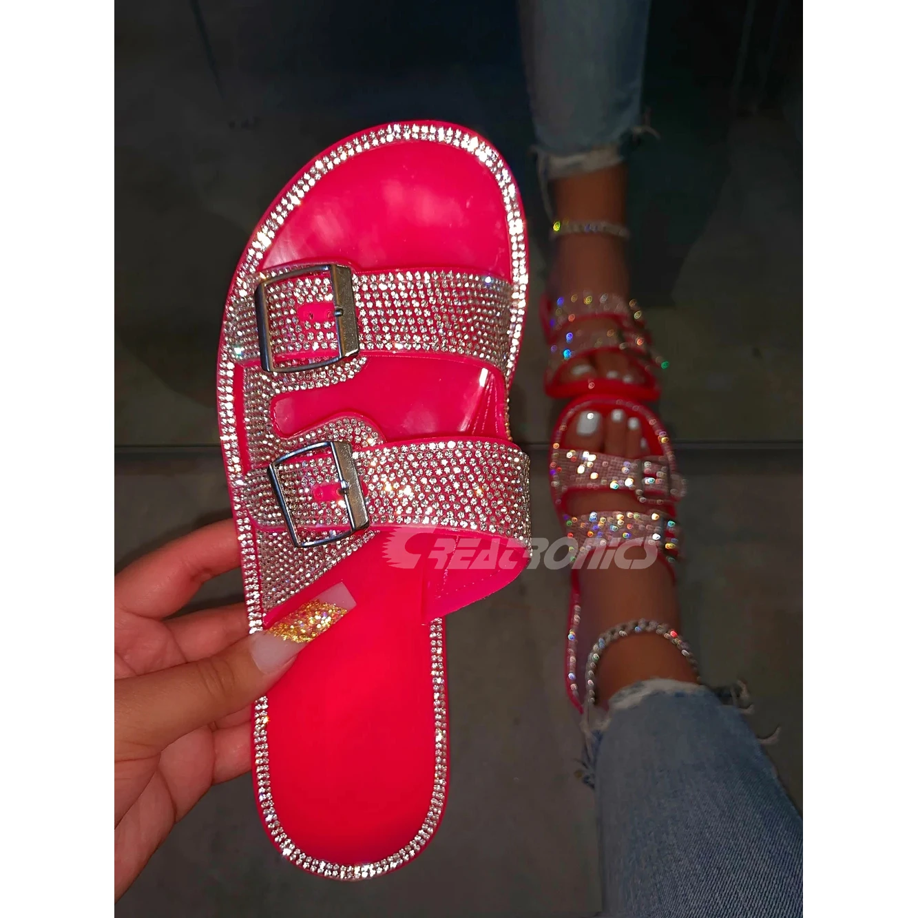 

Wholesale shiny rhinestones crystal diamond glitter jelly slipper neon sandals for women blinged sequinslippers bling slides