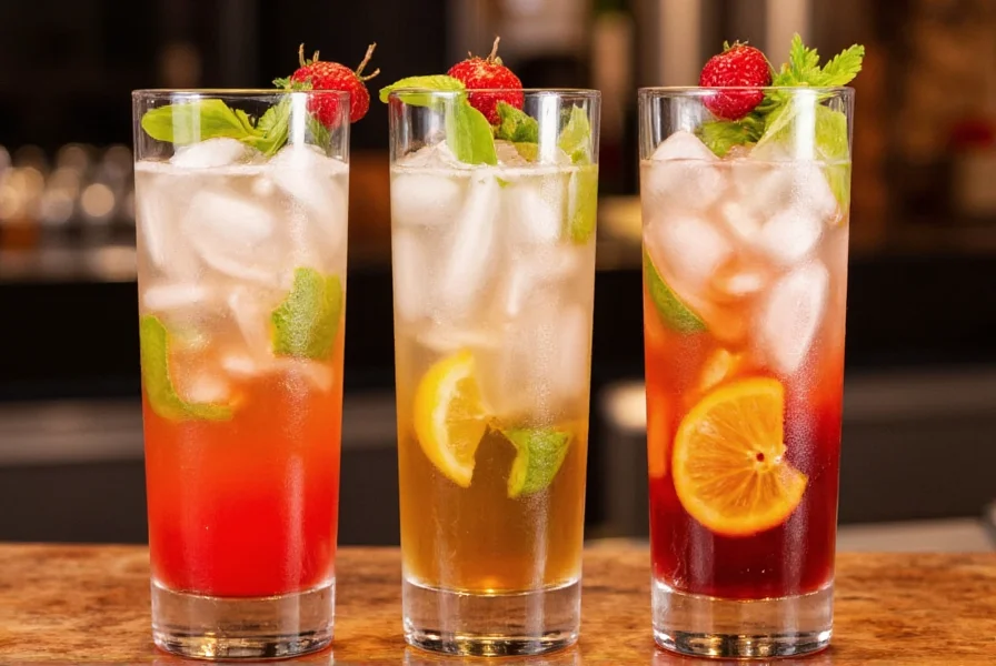 Three different vodka ginger ale drink variations in glasses with appropriate garnishes on wooden bar surface