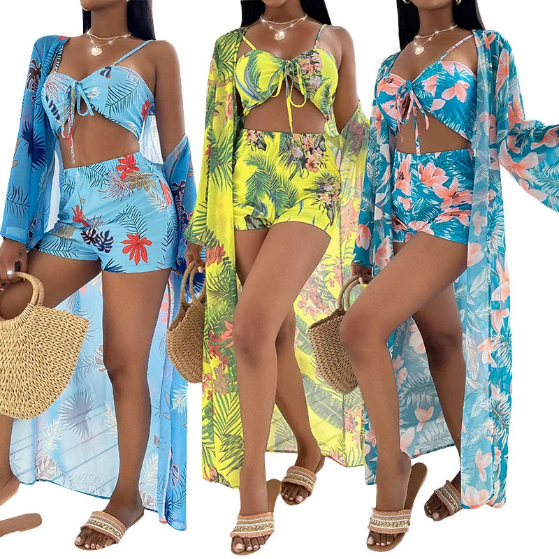 

Women Print High Waist Swimsuit 2022 Sexy Three Pieces Bikini Set Sun Protection Beachwear Conservative Swimwear Bathing Suit XX