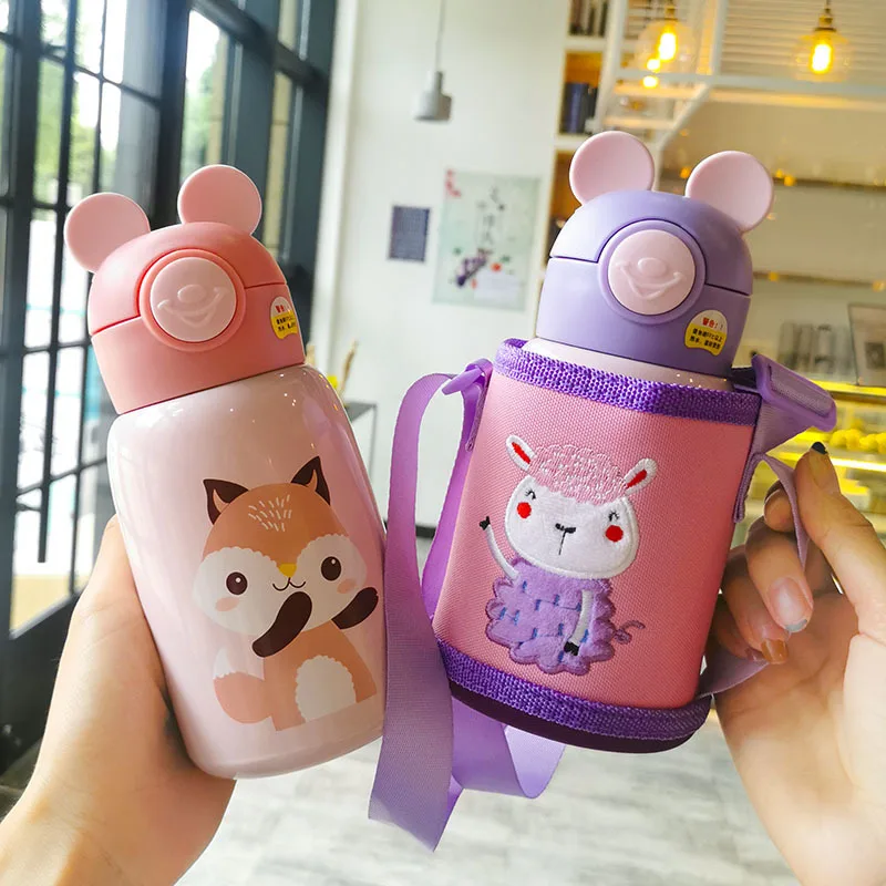 

Creative Children Cute 316 Stainless Steel Water Bottle Straw Cup Thermos 2 Cover With Portable Cloth Cover Baby Outdoor Cup Mug
