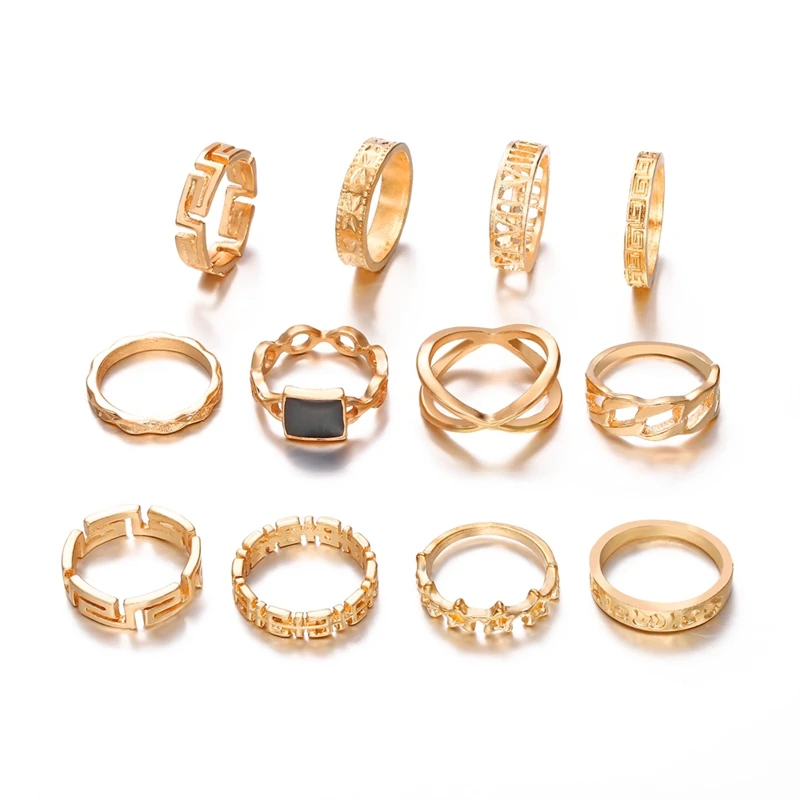 

Trendy 13 Pcs Set Gold Filled Hip Hop Ring Link Roman Numerals Finger Rings Set for Women Jewelry, Gold plated