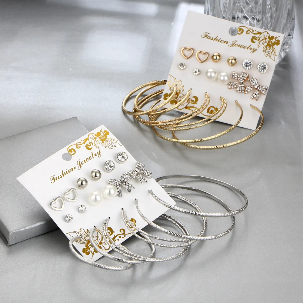 

Bohemian Jewelry Vintage Stud Earring Set 9 Pairs Statement Jewelry Gold Dangle Designer Rhinestone Hoop Earrings Set, As pics shows