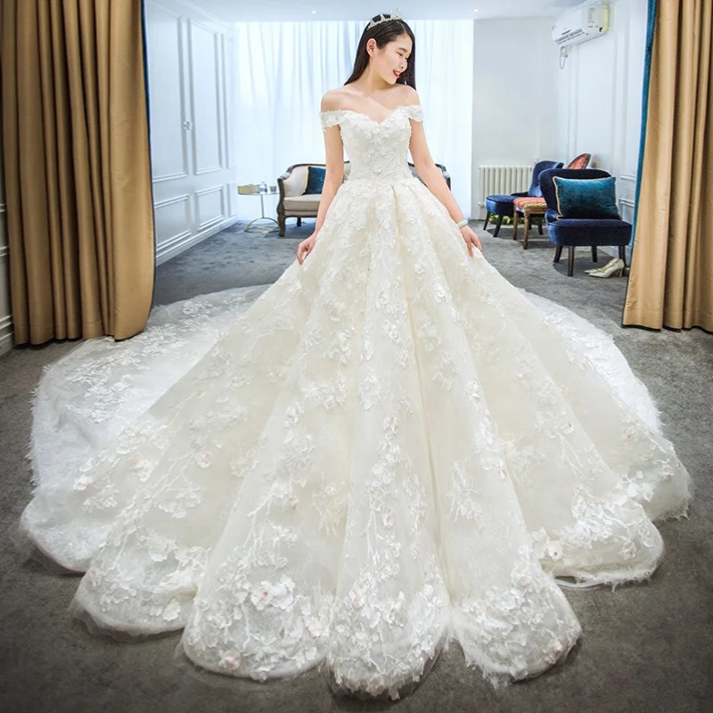 

Luxurious Off the Shoulder 3D Flowers Lace Beading A Line Chapel Train Wedding Dresses from China 2020, As image or custom made