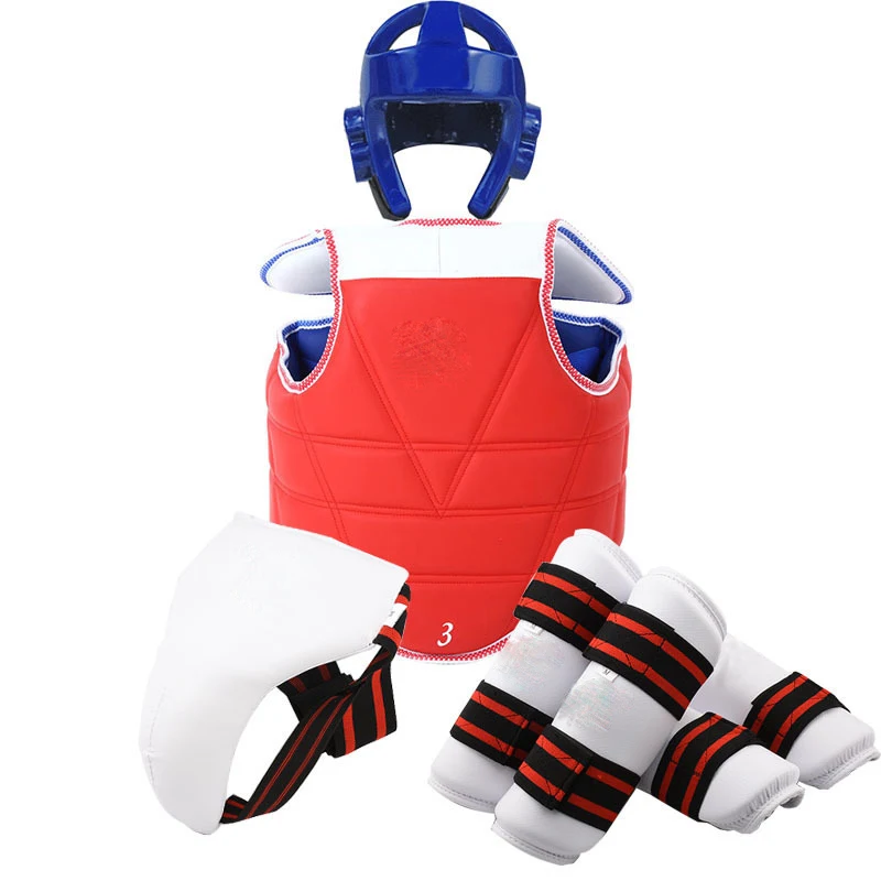 

kids adults taekwondo protector set jockstrap head gear glove chest protector helmet guards martial arts training equipment, Red / blue