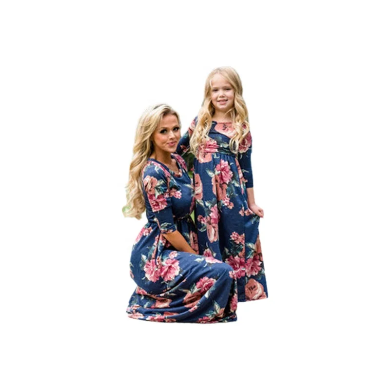 

European and American pastoral style printed long-sleeved dress parent-adult, Children/adult