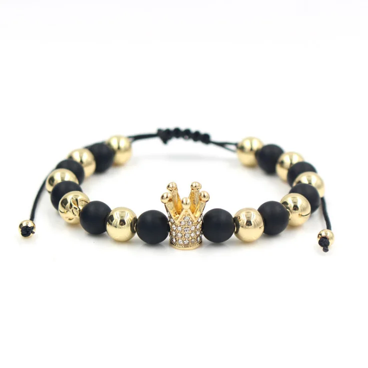 Zircon Bracelets Men Jewelry Cubic Micro Pave Crown Charm Round Beads Braided Macrame Bracelet