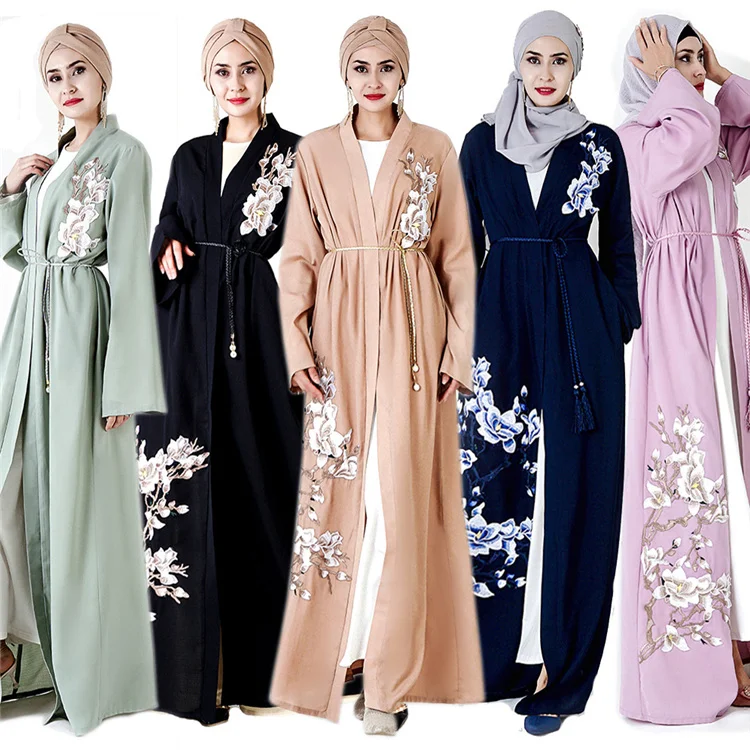 

New Design Women Casual Dresses Hand Black Embroidery Cardigan Abaya For Islamic Hijab Clothing Muslim, Black,gray blue,champagne,green,pink,navy