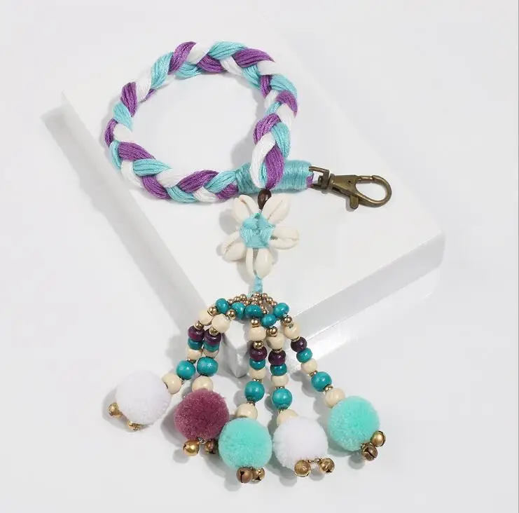 
wholesale boho fur ball drop key chain braid tassel key chain with shell beaded for travel gift 