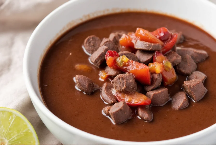 A dark, glossy bowl of mole sauce garnished with sesame seeds