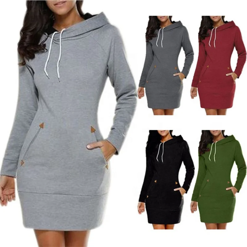 

Long Sleeved Hooded Pullover Mid Length Skirt Slim Fit Women's Sweatshirt Dress Hot Selling New Autumn and Winter Pocket Knitted