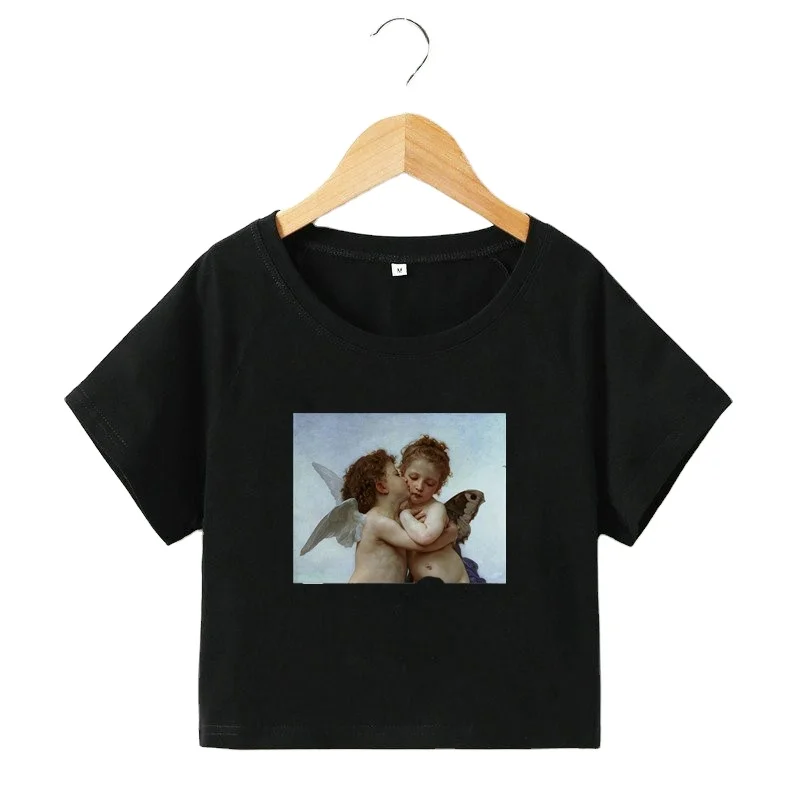 

High quality printed round neck short crop midriff slim T - shirt fashion casual wear