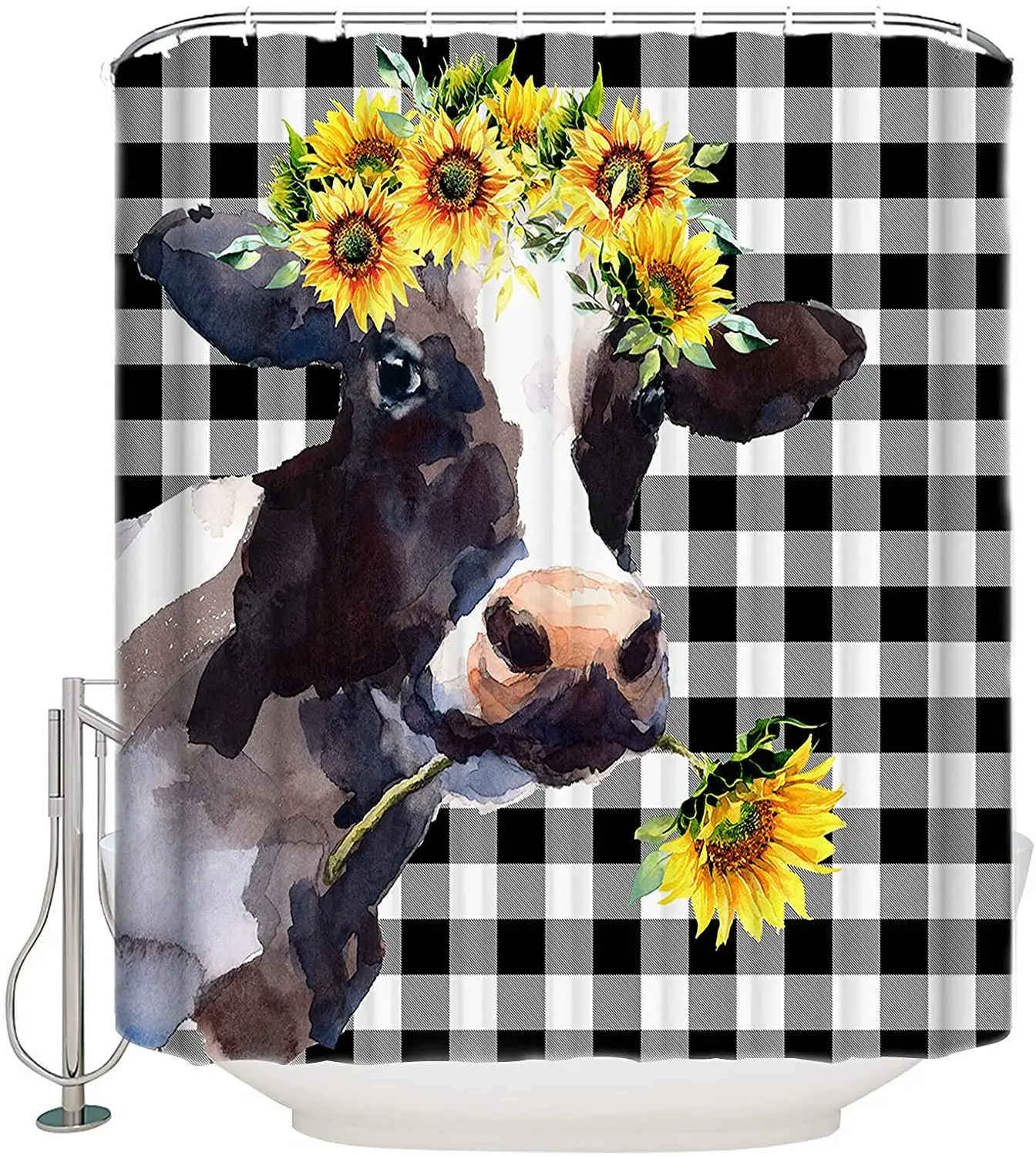 

Farm Cow and Sunflower Black and White Buffalo Plaid Waterproof Fabric Shower Curtains with 12 Plastic Hooks