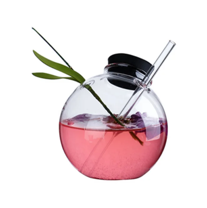 

Creative glass round cup with straw bar milk tea shop cocktail glass molecule smoked juice cold drink glass cup