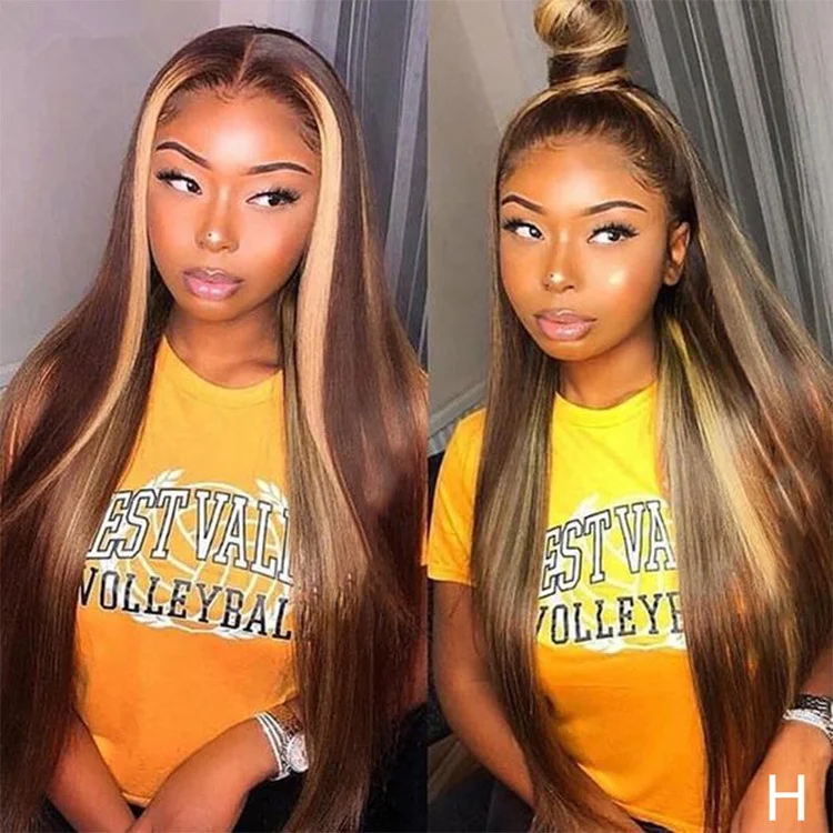 

Pre Plucked Fake Scalp Honey Brown Blonde Highlight Straight Cuticle Aligned Hair Lace Front Wigs