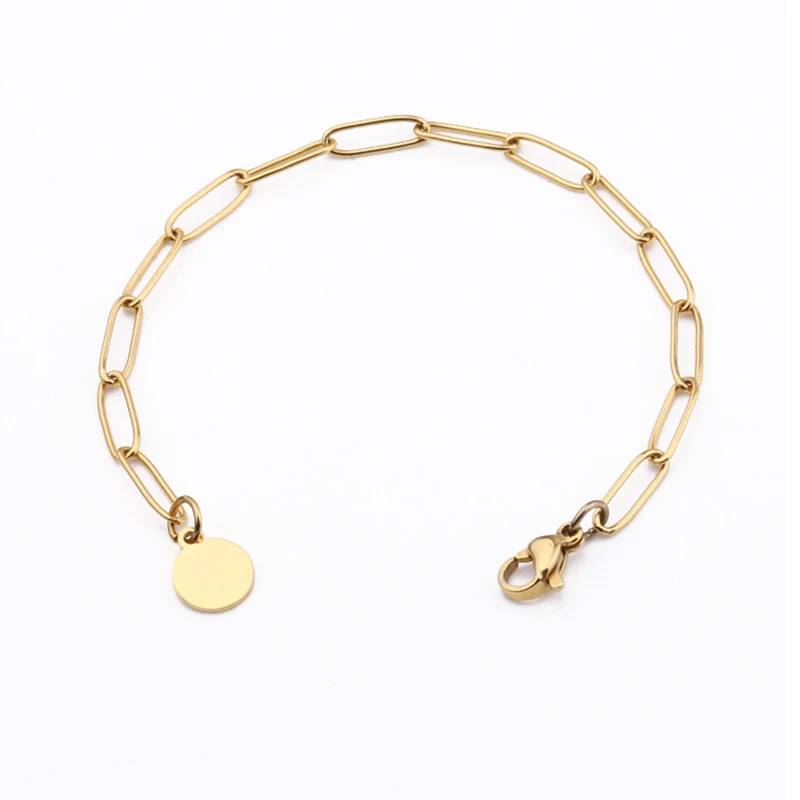 

Wholesale Custom Logo Chain Link Bracelets For Women 18K Gold Plated Stainless Steel Paperclip Chain Link Bracelet