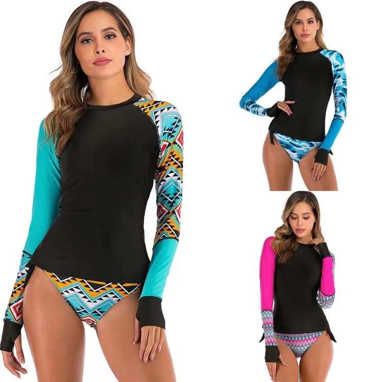 

New Summer 2021 Trendy Custom Logo Plus Size Long Sleeve Swimsuit Printed Two Piece Swimwear For Women