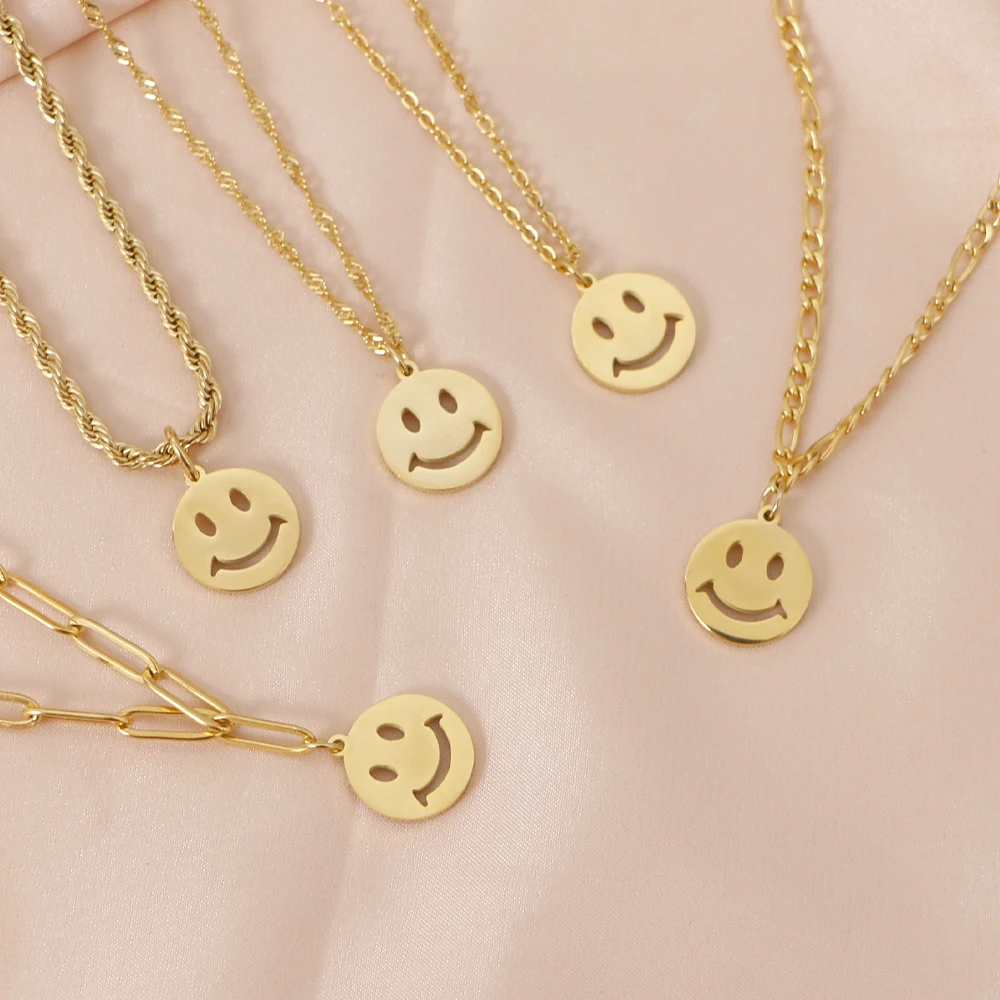 

Custom Stainless Steel Gold Filled Tiny Chain Happy Smiley Face Pendant Necklace Women Minimalist Jewelry