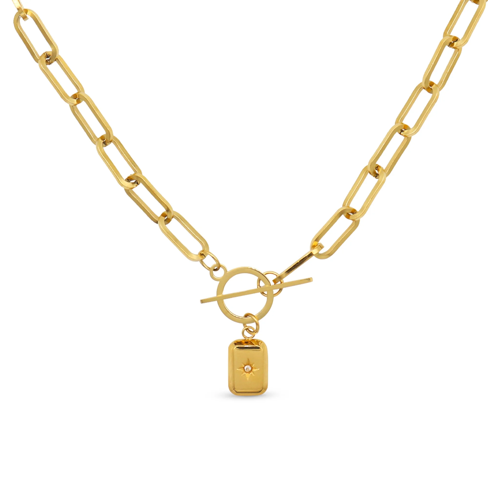 

Chris April fashion jewelry PVD gold plated 316L stainless steel Cube Eight-pointed star pendant necklace with zircon