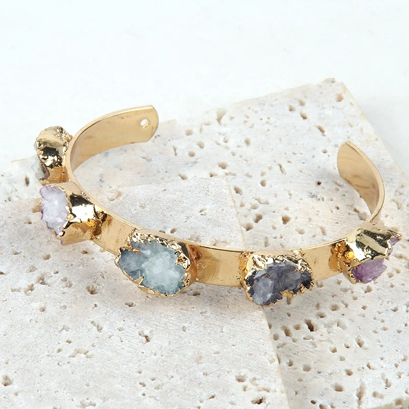 Newest Beautiful Flat Gold Zinc Alloy Bangle Five Irregular Colorful Metal Round Druzy Bangle