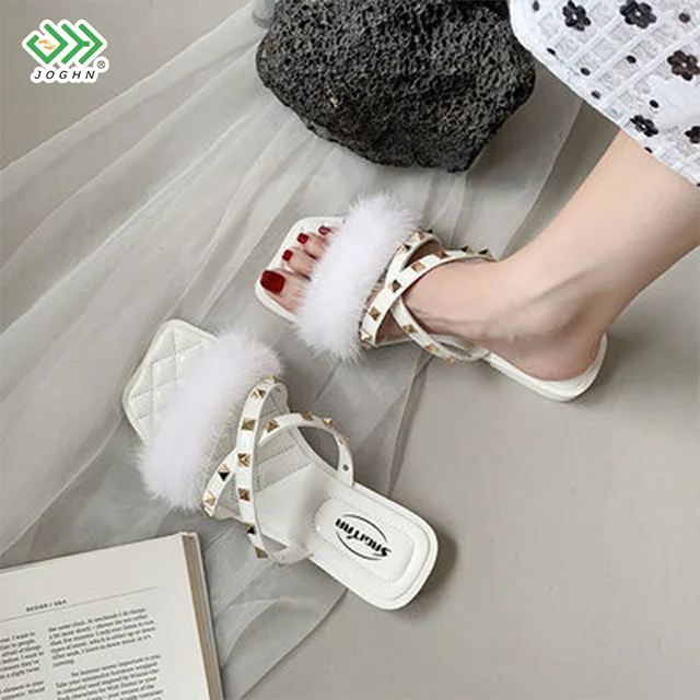 

Women's with transparent heel and hairy sandals ladies fancy slippers, Black, beige