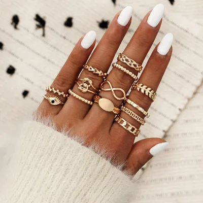 

HOVANCI New Fashion 13pcs Gold Plated Knotted Link Chain Knuckle Ring Set Retro Geometric Evil Eyes Ring Set