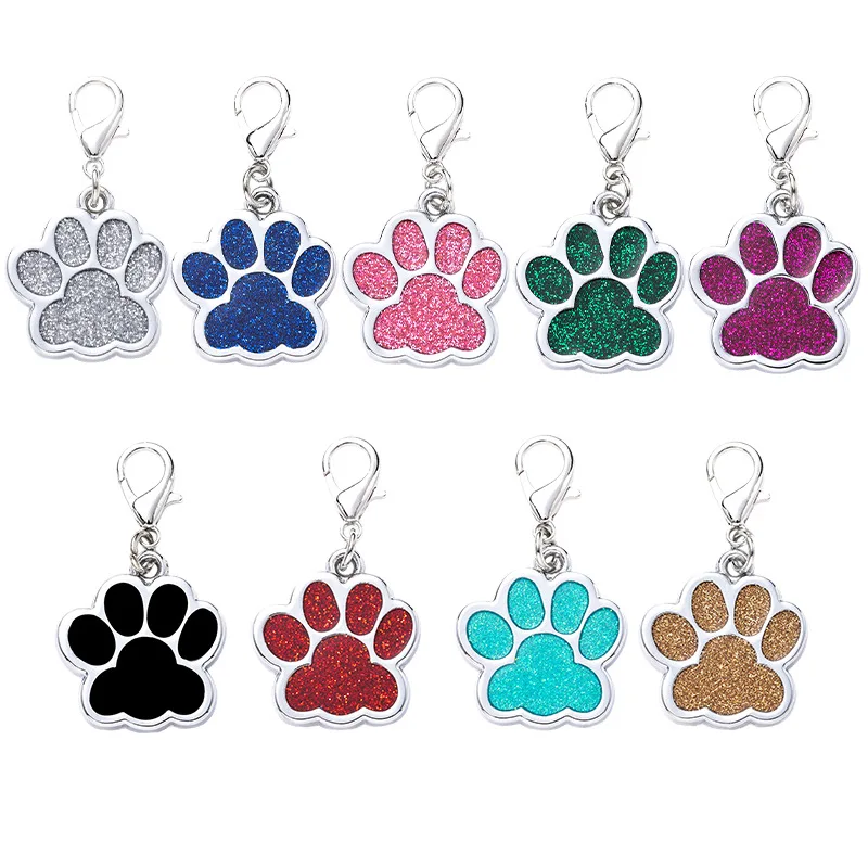 

Wholesale Engraved Logo Footprints Pet Id Tags Paw Shape Pendant Zinc Alloy Glitter Metal Customizable Dog Tag