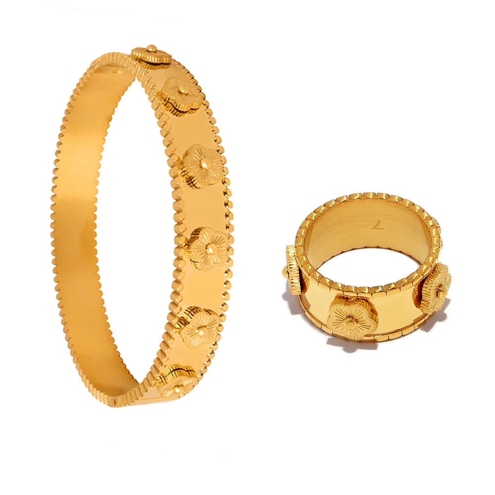 Embossed Flower Bracelet Kaleidoscope Ring Stainless Steel 18k Gold Niche Exquisite Temperament Jewelry Set Wholesale