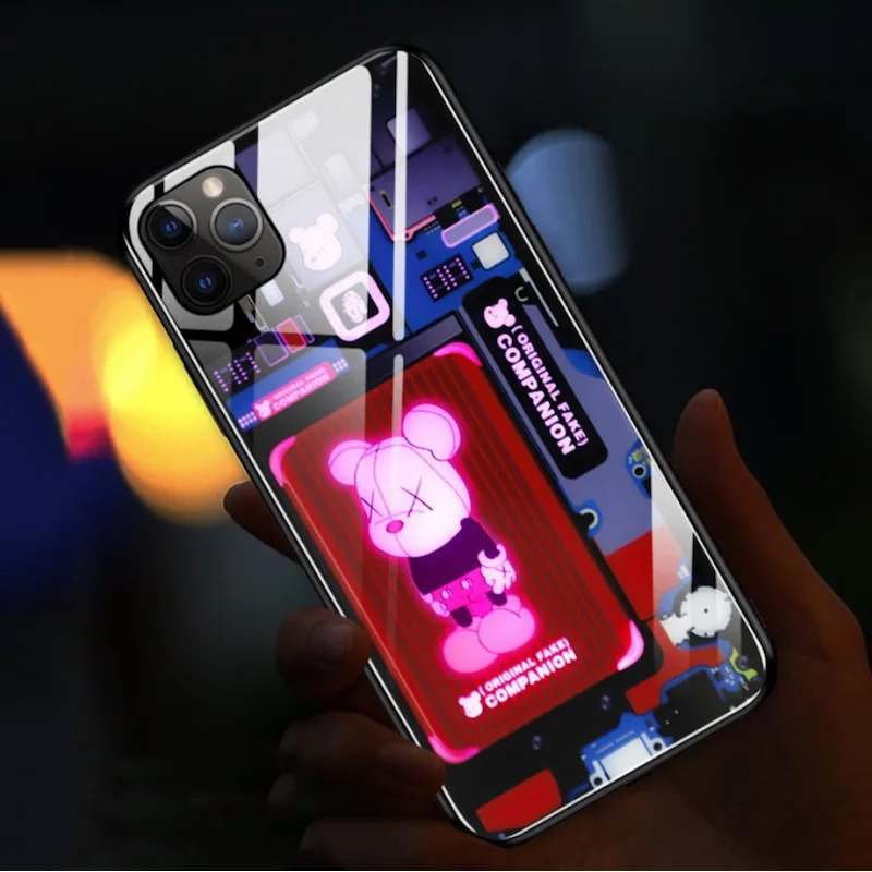 

designer LED Luminous Tempered Glass Night Light Phone Case for iphone XR XS max 11 12 mini pro max luxury phone case, As picture show