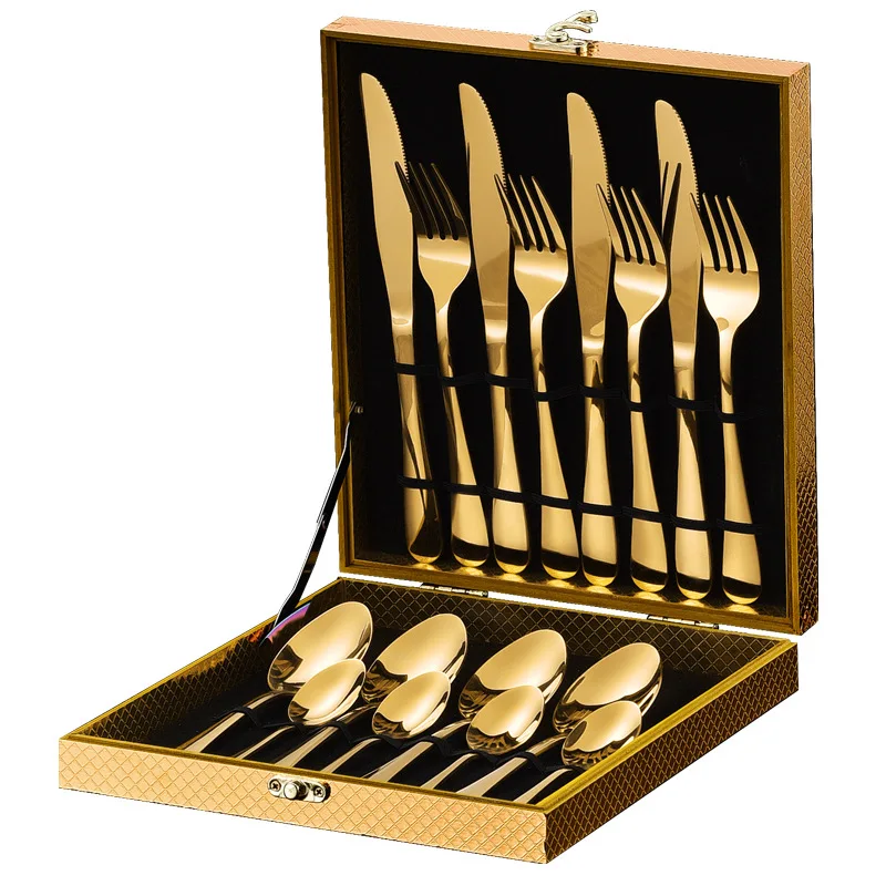 

WXL011 Dinnerware Set Gold Cutlery Stainless Steel Royal Spoon Forks Knives Spoon with Wooden Box 16pcs Cutlery Set, 5 colors