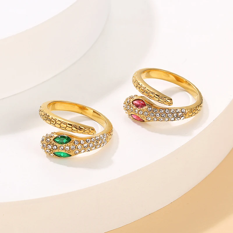 

Adjustable Red Green Eye Snake Head Shape Zircon Pave 18K Gold Plate Stainless Steel Gold Snake Ring for Women